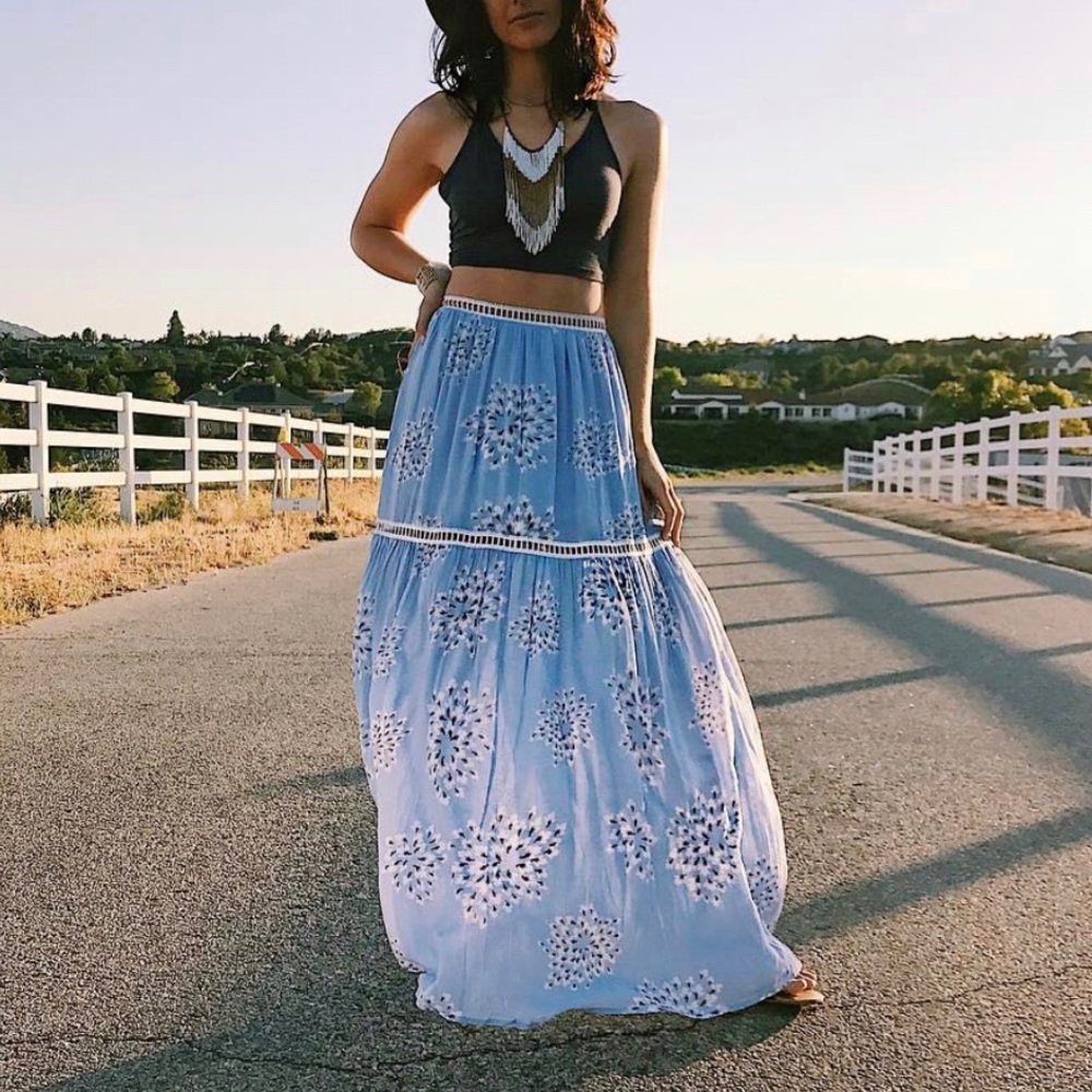 Blue floral high waist maxi skirt